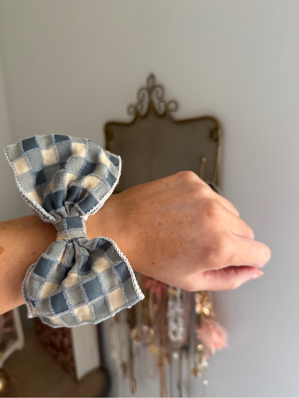 Free People Blue & Cream Gingham Scrunchie Bow